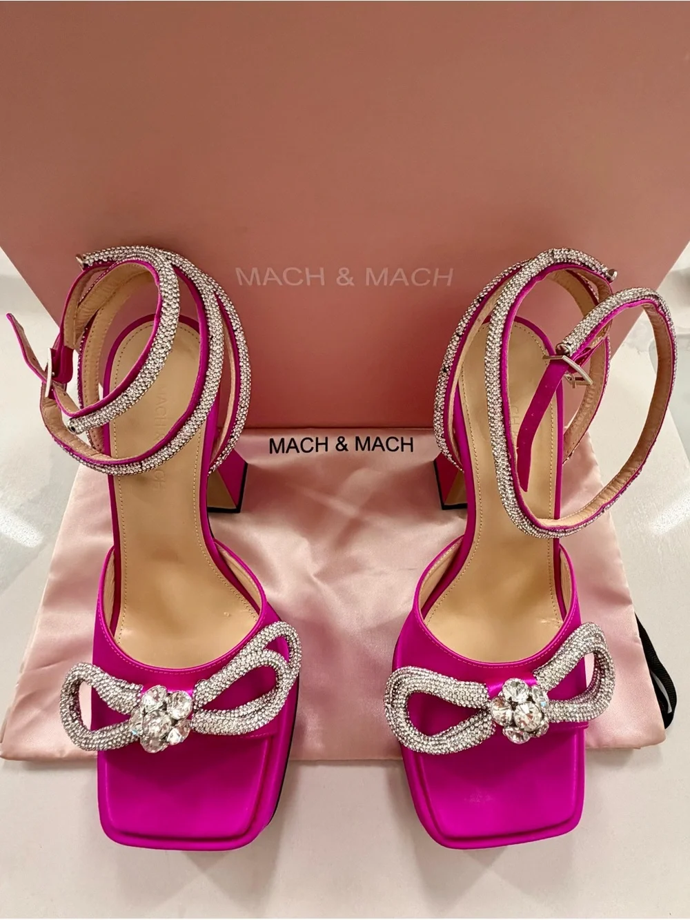 MACH & MACH - Double Bow - 140 Silk Ankle Strap Sandals - 38 - New - Fuchsia
